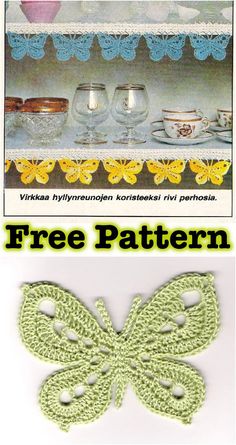 a crocheted butterfly is shown with the words free pattern in front of it