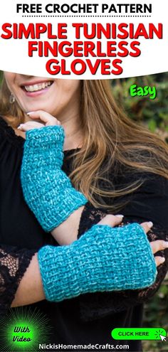a woman with her arms wrapped in blue knitted fingerless gloves, text reads free crochet pattern simple tunisan fingerless gloves easy