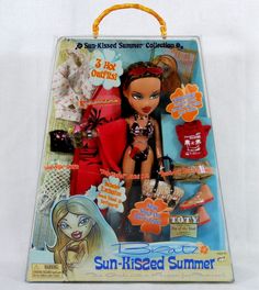 an assortment of dolls and accessories in a plastic bag on a white background with the words sun - kissed summer written above it