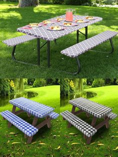 picnic tables with checkered tablecloths are shown in three different positions, one is empty and the other has food on it