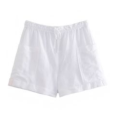 white-ivory-linen-cotton-draw-string-cuffed-fitted-waist-mid-low-rise-waisted-cargo-short-shorts-with-pockets-women-ladies-spring-2024-summer-chic-trendy-casual-elegant-feminine-classy-european-vacation-beach-wear-zara-revolve-pacsun-brandy-melville Ladies Beach Wear, White Cargos, White Summer Shorts, White Linen Shorts, Khaki Blazer, Cargo Short, Elegant Feminine, Summer Chic, Beauty Clothes