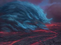 a painting of a huge wave in the sky with red and blue clouds above it