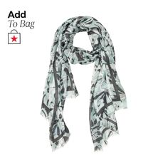 a white scarf with black and grey designs on it, the words add to bag