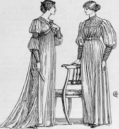 two women in evening gowns standing next to each other, looking at each other