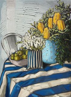 a painting of flowers and fruit in a blue vase on a striped tablecloth with an old chair