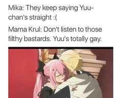 two anime characters hugging each other with caption that reads, mika they keep saying yuu - chan's straight