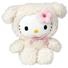 a white hello kitty stuffed animal with a pink bow