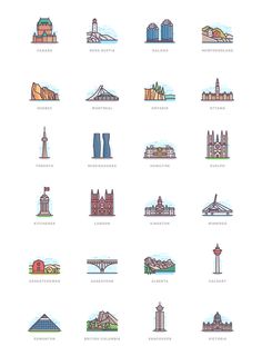 an illustrated set of different types of buildings in the united states, including skyscrapers and other