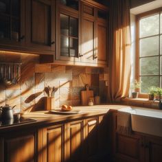 a kitchen scene with focus on the sink and window