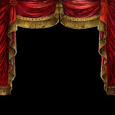 an open red curtain with gold trims on it's sides and black background