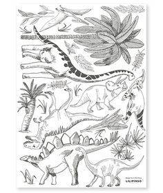 an illustration of dinosaurs and other animals in black ink on white paper with the words, dinosaur