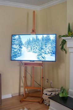 a flat screen tv sitting on top of a wooden stand in front of a fireplace