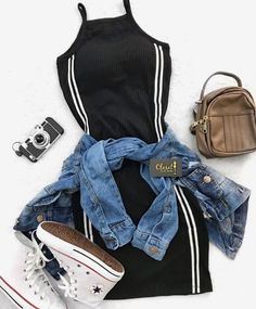 Converse Outfits, Mini Shirt Dress Outfit, Áo Blu, Black And White Outfit, Populaire Outfits, Stil Boho, Shirt Dress Outfit, Denim Jacket Outfit, Casual Outfits For Teens