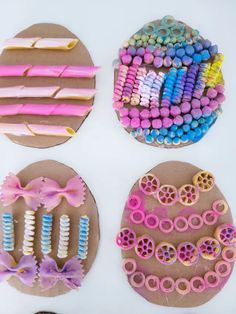 four different types of crafting supplies are displayed on a white surface with brown paper