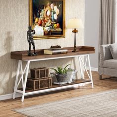 a living room scene with focus on the console table