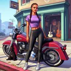 a woman sitting on top of a motorcycle next to a black dog in front of a building