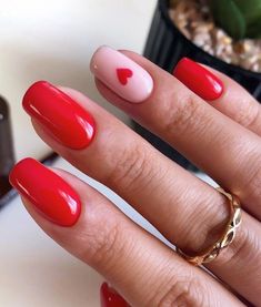 Picture Edited by AirBrush App. Short red nails and a pink nail with a red heart for Valentine's Day. #nailart #nailsart #gelnails #nailsalon #acrylicnails #nailsoftheday #nailstyle #lovenails #nailsinspire #nailsaddict #photoeditor #filter #airbrush #retouch Red Nail Heart Design, Short Red Nails With Heart, Red With Pink Hearts Nails, Simple Red Heart Nails, Square Acrylic Valentines Nails, Really Short Valentines Nails, Red Nails Acrylic With Heart, Red Valentines Nails Square, Red Nail Designs Heart