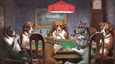 a group of dogs sitting around a table with cards in front of them and playing poker