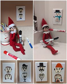 the elf is sitting on the bathroom sink with his toothbrush in his mouth and other pictures