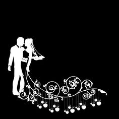 a bride and groom standing next to each other in front of a black background with white swirls