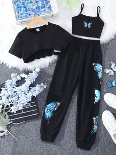 Black Casual Collar Short Sleeve  Butterfly  Embellished Slight Stretch  Tween Girls Clothing Ropa Aesthetic, Casual Preppy, Casual Preppy Outfits, Cute Dress Outfits, Quick Outfits, Trendy Outfits For Teens, Kleidung Diy, Cute Preppy Outfits, Easy Trendy Outfits