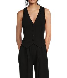 Moa Moa Coordinating Sleeveless V-Neck Button Front Vest | Dillard's Women Vest Outfits Business, Woman Vest Outfit, Sleeveless Vest Outfit, Vest Top Outfits, Suit Vest Women, Black Vest Outfit, Elegant Vest, Vest Outfits For Women, Moa Moa