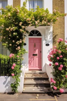a pink door and some flowers on the side of a building