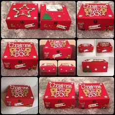 several pictures of red boxes with christmas decorations on them