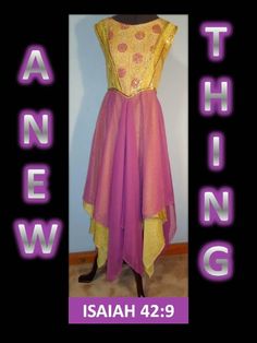 a purple and yellow dress on display in front of a black background with the words, ahh 429