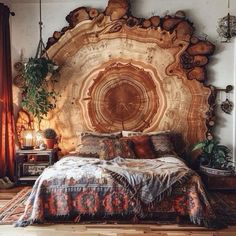 a bed with a wooden headboard made out of logs