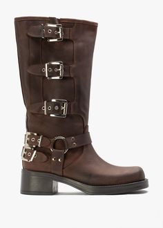 Emotie Brown Leather Multi Buckle Biker Boots Brown Biker Boots, Dream Bags, Womens Designer Boots, Everyday Tote Bag, Funky Shoes, Designer High Heels, Foot Bed, Buckle Boots, Biker Boots