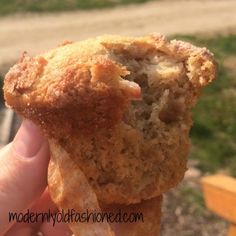 a hand holding a half eaten muffin in front of a bench and grassy area