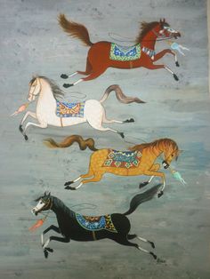 four horses running in the same direction with different colors and patterns on their body,