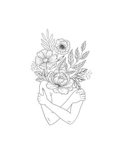 a black and white drawing of a person holding flowers