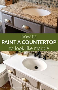 a bathroom vanity with the words how to paint a countertop to look like marble