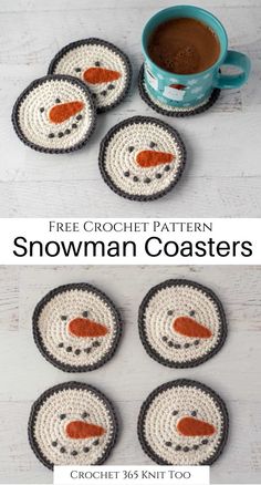 four crocheted coasters with the words snowman coasters written on them