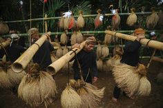several people carrying large bamboo poles in the jungle