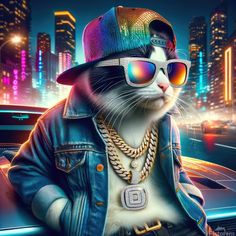 a cat wearing sunglasses and a hat in front of a cityscape at night