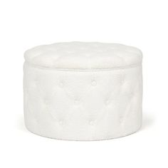 a white round ottoman with buttons on the front and bottom, sitting against a white background