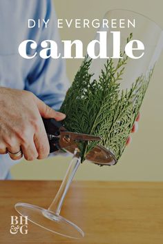 a person is using a knife to cut up a plant in a glass with the words diy evergreen candle on it