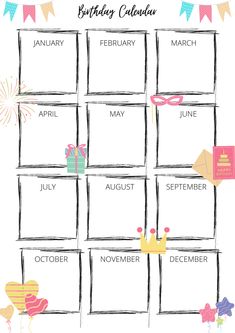 the birthday calendar is shown with balloons and confetti on it's sides