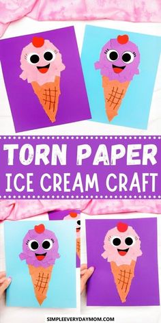 an ice cream craft with the words torn paper ice cream crafts in front of it