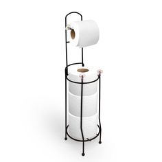 three rolls of toilet paper on a stand with a roll holder and two rolls of tissue