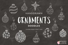 hand drawn ornaments on a chalkboard with the words ornaments doodles