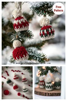 crocheted christmas ornaments hanging from a tree with text overlay that says free pattern