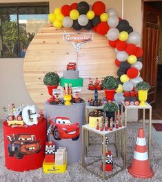 cars themed birthday party with balloons and decorations