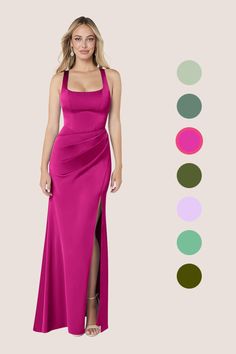 a woman in a long pink dress standing next to a color chart with different colors