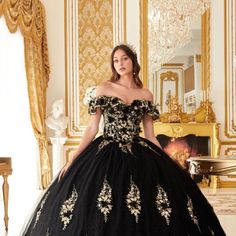 Black And Gold Quince Dress, Masquerade Ball Gowns Black, Black And Gold Quinceanera Dresses, Black And Gold Wedding Dress, Black And Gold Ball Gown, Gold Quince Dress, Royal Gown, Black Quinceanera, Quinceanera Dresses Black