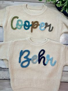 Custom Hand Embroidered Toddler and Baby Name Sweater Oversized Kids Sweater Embroidered Name Sweater Personalized Baby Name Sweater - Etsy Hand Knit Name Sweater, Chunky Name Sweater, Baby Boy Embroidered Sweater, Diy Name Sweater Baby, Diy Personalized Baby Gifts, Baby Name Sweater Diy, Boy Embroidered Sweater, Embroidered Sweater Baby, Boys Embroidered Sweater