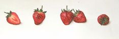 five strawberries lined up in a row on a white surface